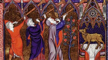 An illumination from the late-13th-century manuscript La Somme le Ray. Photo: British Library MSADD 28162, Folio 2V.