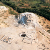 Aerial view of the remains of a Byzantine-era monastery complex on a low hill at Al-Maghtas, Jordan. Photo: Jordan Tourism Board
