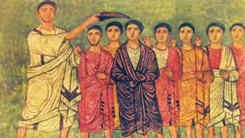 Purple-clad David anointed king by Samuel.