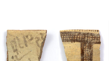 The early alphabetic inscription, dated to the mid-15th century B.C.E., was preserved on a tiny sherd of painted Late Bronze Age pottery imported from Cyprus. Image credit: Austrian Archaeological Institute/Austrian Academy of Sciences.