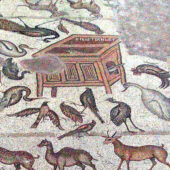A well-preserved mosaic floor, found at the site of Mopsuestia in Turkey, depicts the ark as a simple wooden box with legs. Photo by Klaus-Peter Simon, own work, CC BY 3.0
