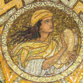 A mosaic from the Abbey of the Dormition in Jerusalem depicting Miriam with her tambourine as she sings a song of victory