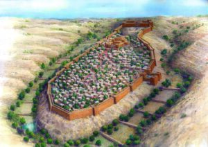 Artistic rendition of Jerusalem in the tenth century BCE. Illustration by Leonardo Gurvitz, City of David Archives