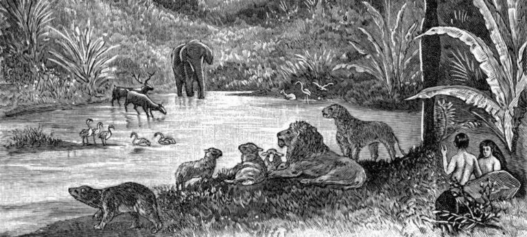 Cropped illustration shows Adam and Eve in the Garden of Eden, where God gave them the command to “be fruitful and multiply” (Genesis 1:28). Photo: From Charles Foster, The Story of the Bible (1897).