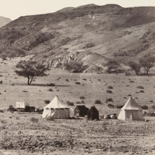 Setting up camp in the Sinai Desert in the 1800s. Frith, Francis (Photographer), Public domain, via Wikimedia Commons