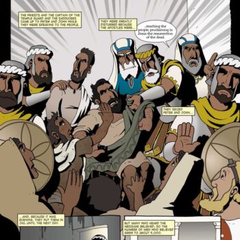 The conversion story from Acts 4:1–4. From Acts of the Apostles, wordforwordbiblecomic.com