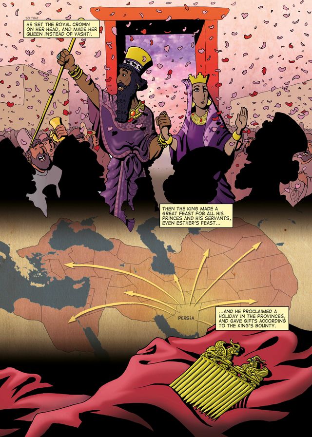 Easter and Persian King Zarks (Easter 2: 17). From Easter book, Wordfurf BibleComic.com. 