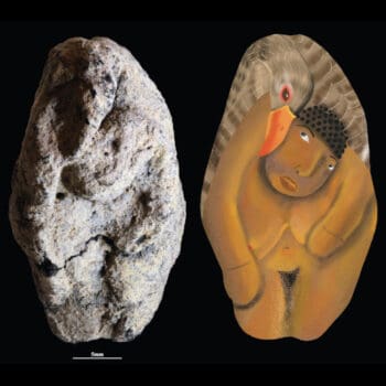 The Natufian figurine, and artistic reproduction, of a woman and a goose, clay figurine depicting a woman leaning forward and a goose enveloping her. Courtesy Laurent Davin