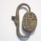 Neutral-colored Iron Age steatite scarab seal found at Nuraghe Ruinas in Sardinia, Italy.