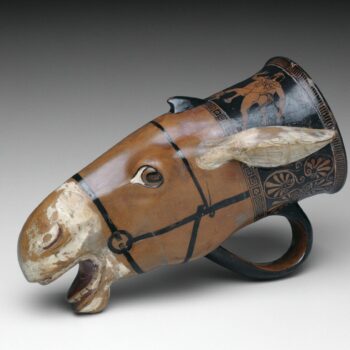 Painted Terracotta drinking vessel in the shape of a donkey head