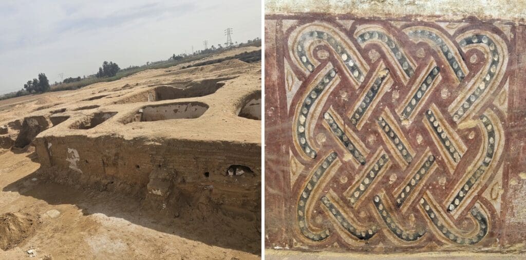 side-by-side photos. monastic complex unearthed on the left with multiple rooms shown from overhead angle. At right, a braided wall mural painted in red, black, and white.