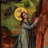 'Agony in the Garden of Gethsemane' by anonymous (ca. 1480 CE). Depicts a distraught Jesus with halo on knees praying at a mountain structure with other mournful figures around. Courtesy Colmar, CC BY-SA 4.0, via Wikimedia Commons