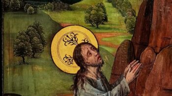 'Agony in the Garden of Gethsemane' by anonymous (ca. 1480 CE). Depicts a distraught Jesus with halo on knees praying at a mountain structure with other mournful figures around. Courtesy Colmar, CC BY-SA 4.0, via Wikimedia Commons