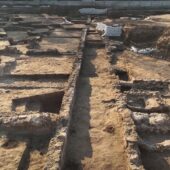 Overhead angles on uncovered archaeological complex with a road in the center and rooms of varying sizes to the sides, one of which has tabuns.