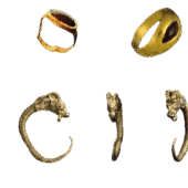 gold ring shown in two view at top row with red stone; caprid gold earring at middle row shown in three views; golf bead at bottom row in photo and drawing. Photo by D. Gazit, CC-BY 4.0.